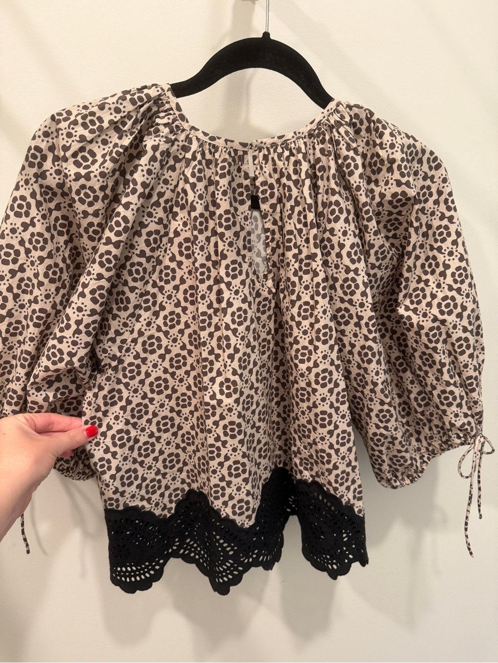 RHODE Cream and Black Floral Puff-Sleeve Blouse with Crochet Hem - Picture 5 of 6